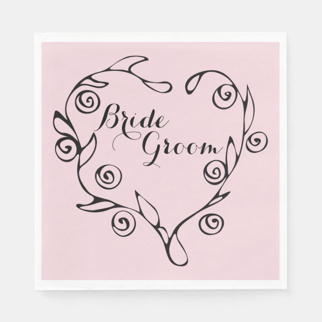 Black Floral Heart Bride And Groom Napkins (Front)