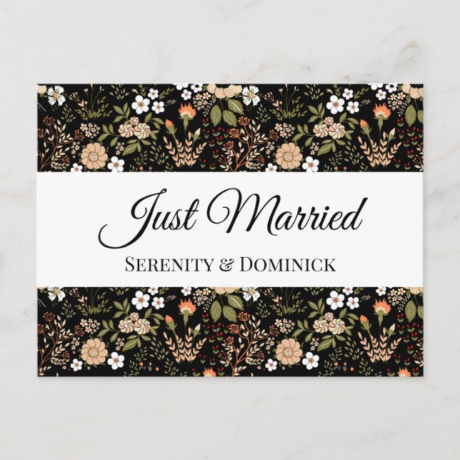 Black Floral Just Married Wedding Announcement Postcard (Front)