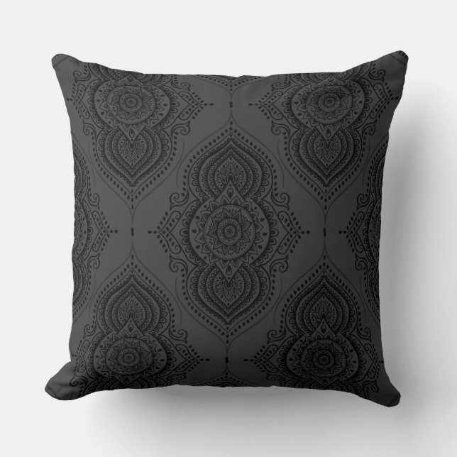 Black Floral Lace Grey Background Throw Pillow (Front)