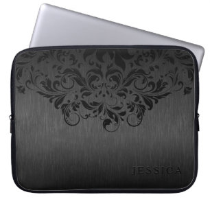 Black Floral Lace grey Metallic Background Laptop Sleeve