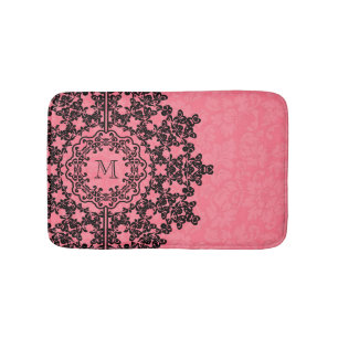 Black Floral Lace Pink Damasks Monogrammed Bath Mat