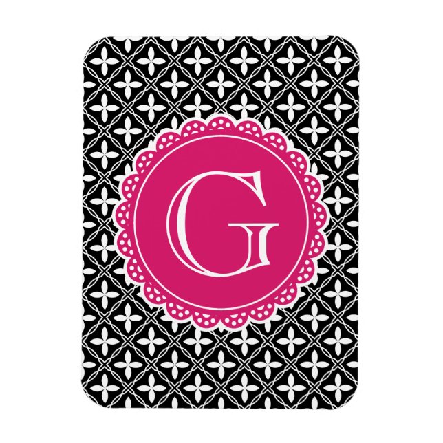 Black Floral Lattice Pattern Hot Pink Monogram Magnet (Vertical)