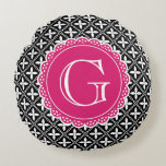 Black Floral Lattice Pattern Hot Pink Monogram Round Pillow<br><div class="desc">A trendy,  modern,  girly,  floral lattice trellis pattern in black and white with a hot pink lace inspired monogram template.</div>