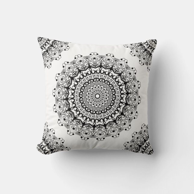 Black floral mandala on a white background throw pillow (Front)
