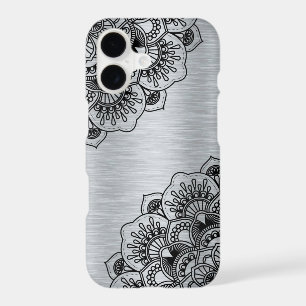 Black floral mandala on silver brushed aluminum