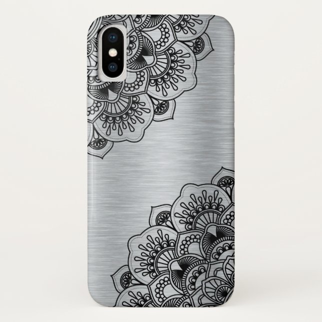 Black floral mandala on silver brushed aluminum Case-Mate iPhone case (Back)