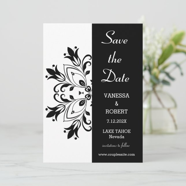 Black Floral Mandala Save The Date (Standing Front)