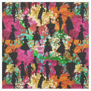 black floral mid century 1950s vintage silhouette  fabric