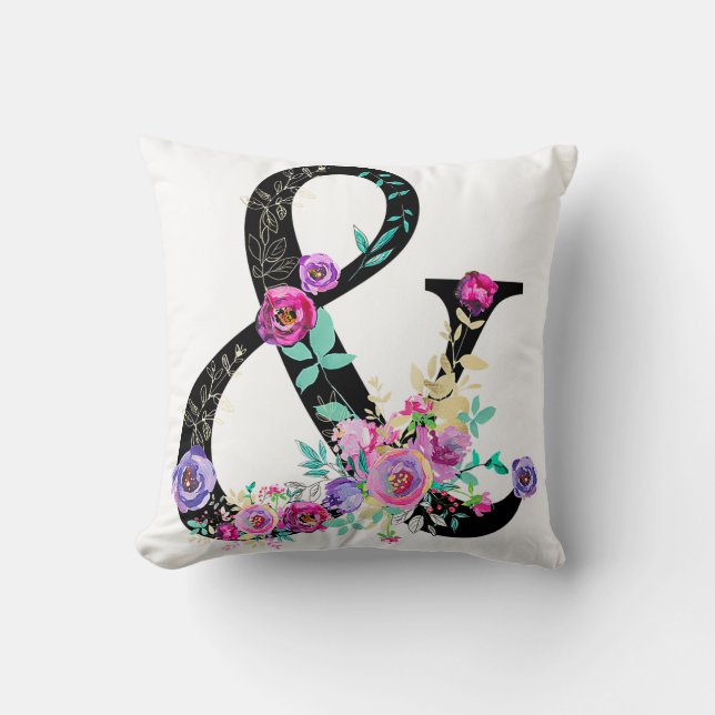 Black Floral Modern Ampersand Chic Rustic Country Throw Pillow (Front)