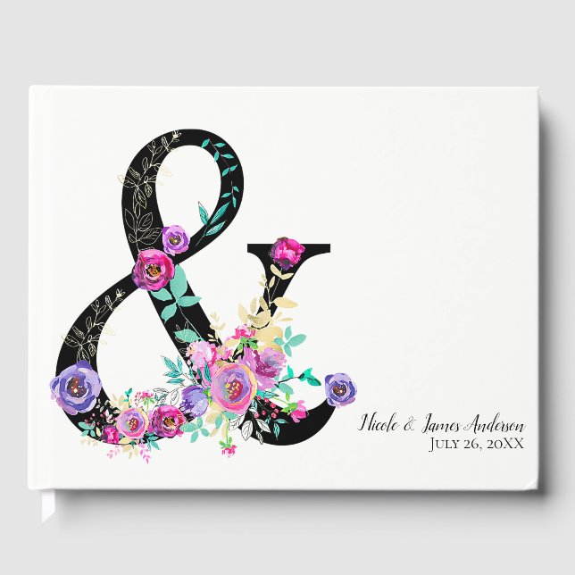 Black Floral Modern Ampersand Chic Spring Wedding Guest Book (Front)