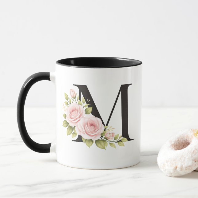 Black Floral Monogram M Mug (With Donut)
