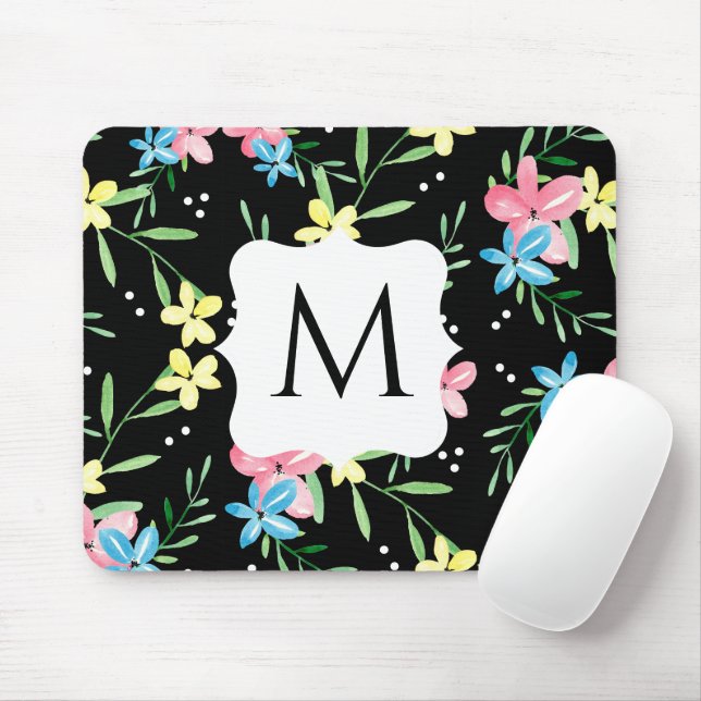 Black Floral Monogram Mouse Pad (With Mouse)