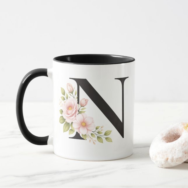 Black Floral Monogram N Mug (With Donut)