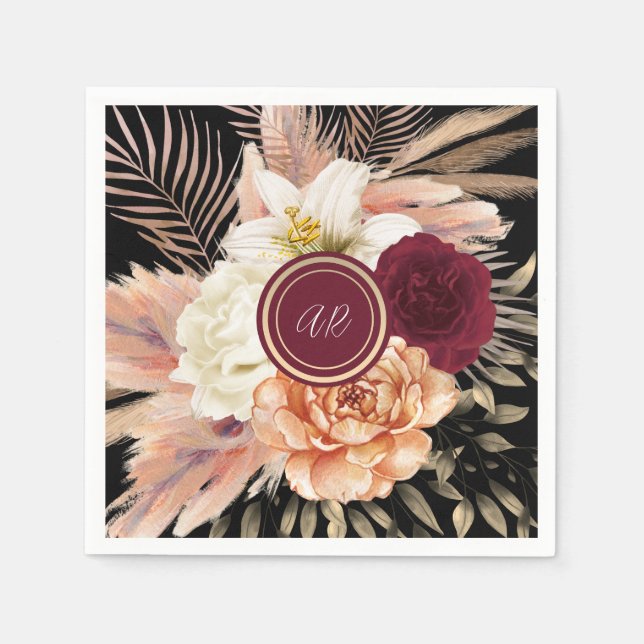 Black Floral Monogram Wedding Napkin (Front)