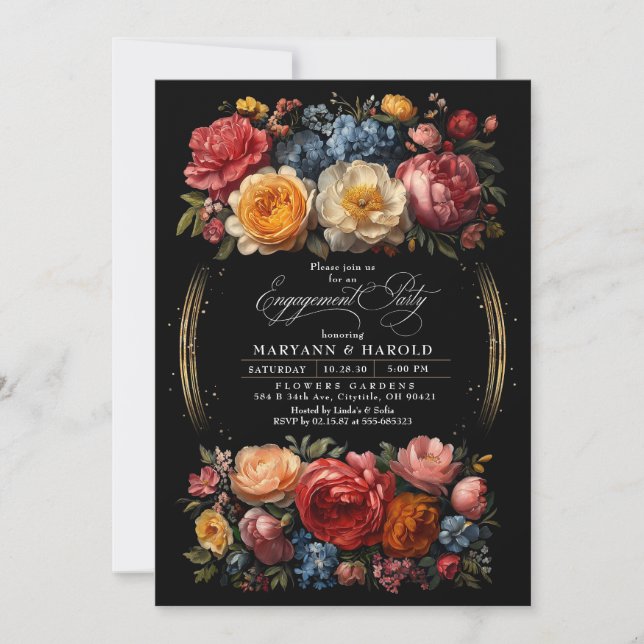Black Floral Moody Botanical Chic Engagement Party Invitation (Front)