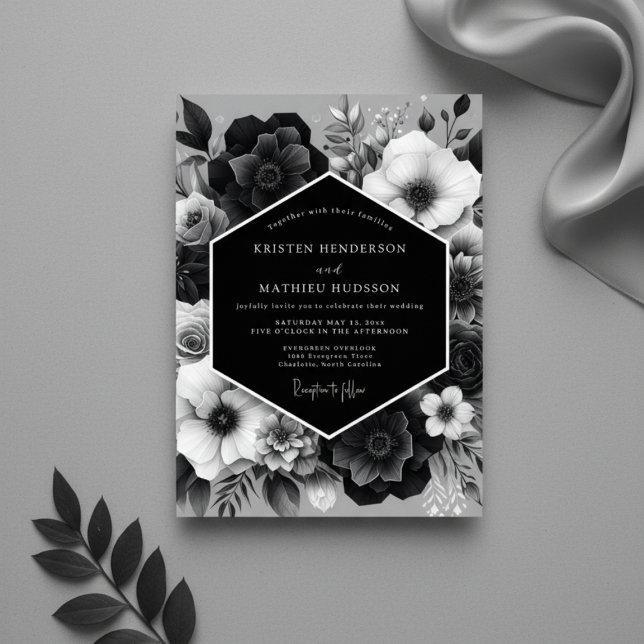 Black Floral Nocturne Wedding Invitation (Creator Uploaded)