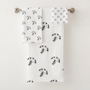 Black Floral On White Bath Towel Set