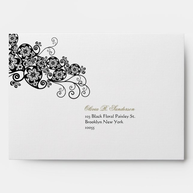 Black Floral Paisley Elegant Bohemian Chic Wedding Envelopes (Front)