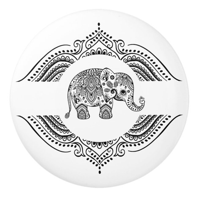 Black Floral Paisley Elephant Ornate Lace Frame 2 Ceramic Knob (Front)