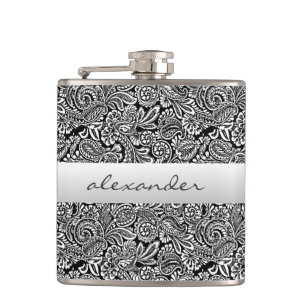 Black Floral Paisley Personalized Groomsmen Hip Flask