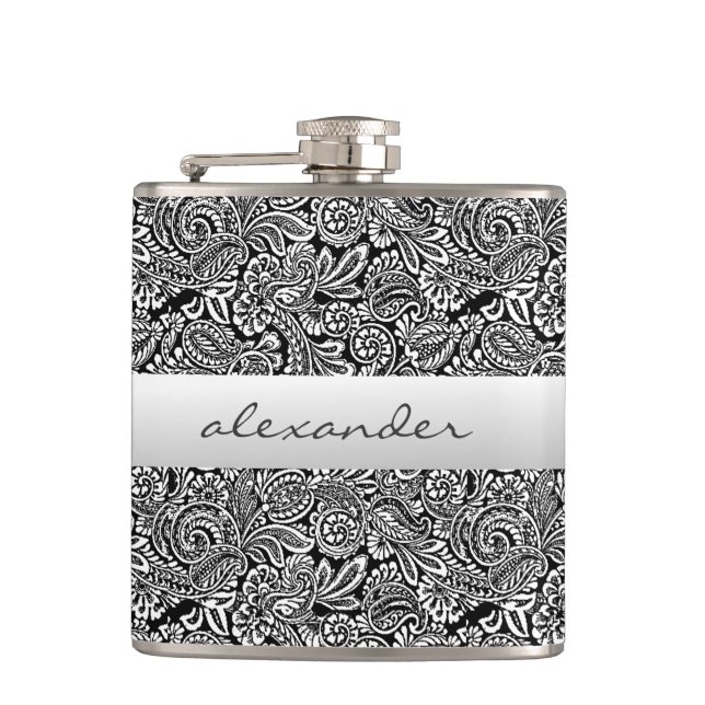 Black Floral Paisley Personalized Groomsmen Hip Flask (Front)