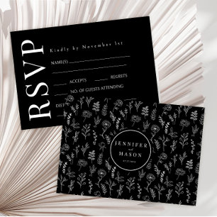 Black floral pattern modern simple rustic wedding RSVP card