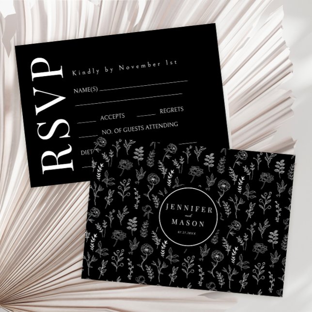 Black floral pattern modern simple rustic wedding RSVP card (Creator Uploaded)