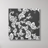 Black Floral Peacock Deco Art Canvas Print