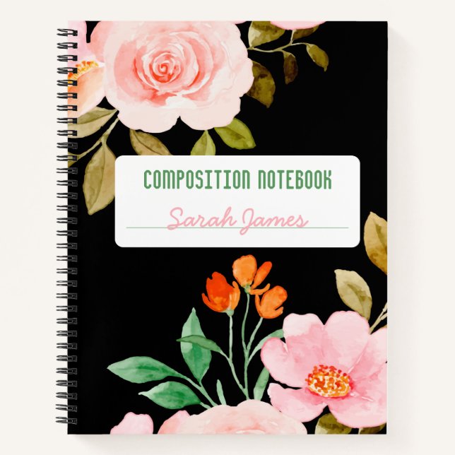 Black Floral Personalized Composition Journal (Front)