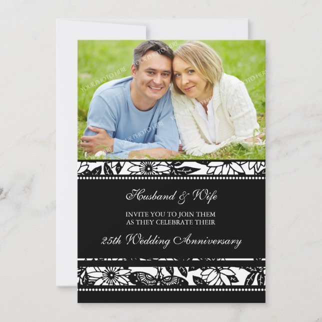 Black Floral Photo 25th Anniversary Invitation (Front)