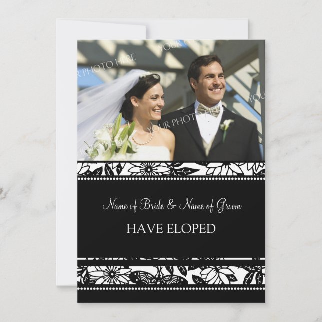 Black Floral Photo Elopement Announcement Cards (Front)