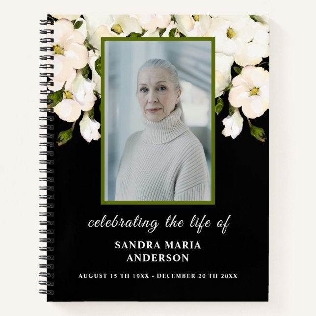 Black Floral Photo Memorial  Guest Book (Front)