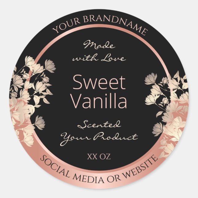 Black Floral Product Packaging Labels Rose Gold (Front)