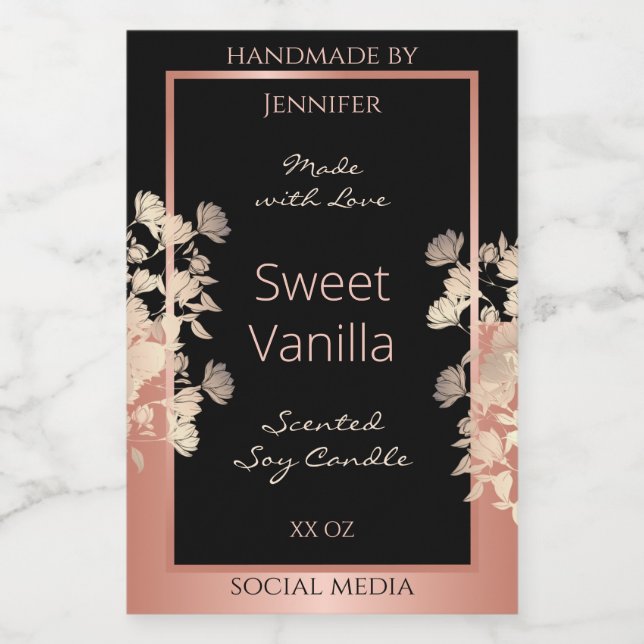 Black Floral Product Packaging Labels Rose Gold (Single Label)