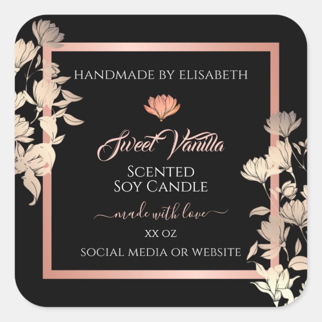 Black Floral Product Packaging Labels Rose Gold (Front)