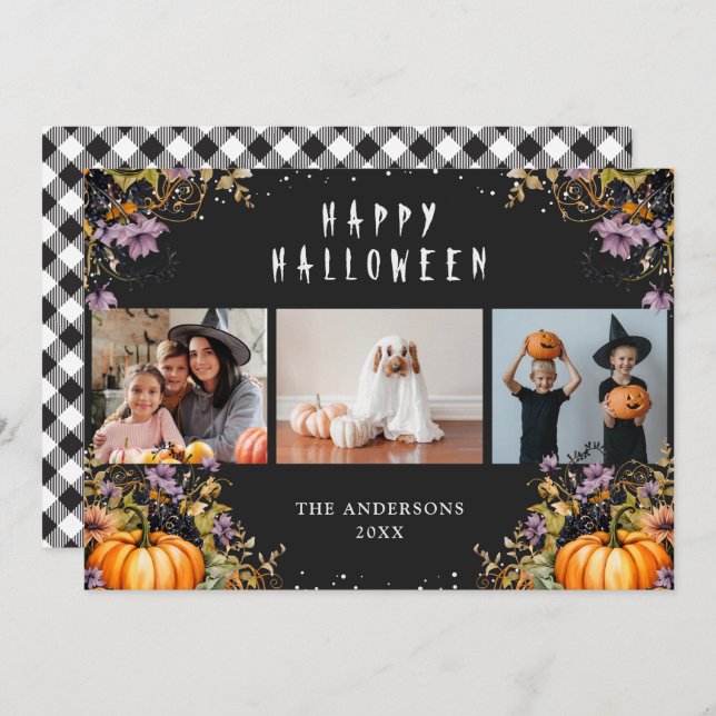 Black Floral Pumpkins 3 Photo Halloween Cards (Front/Back)