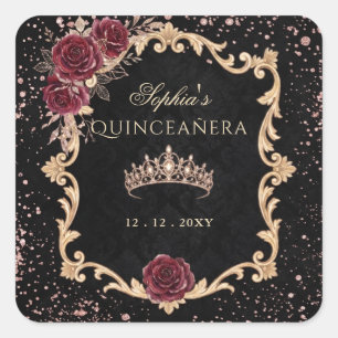 Black Floral Red Rose Gold Tiara Photo Quinceanera Square Sticker
