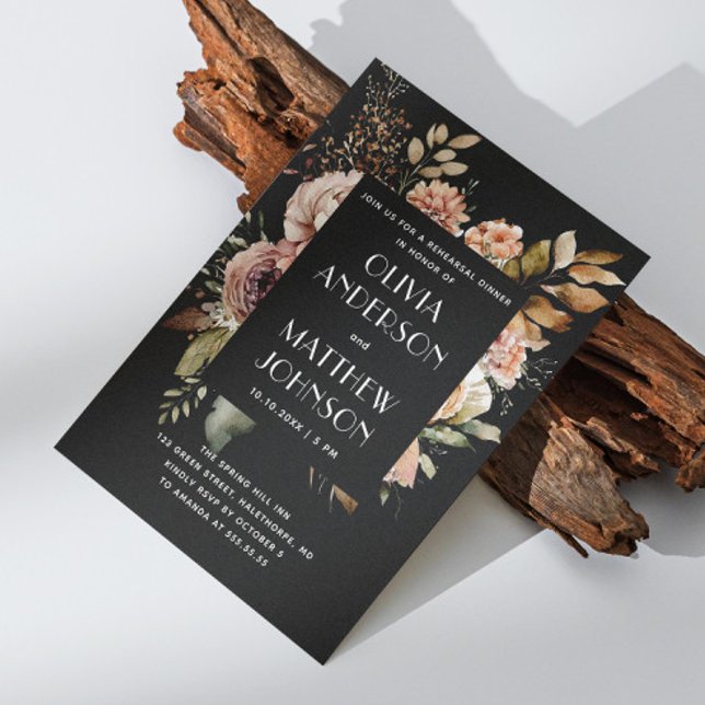 Black Floral Rehearsal Dinner | Fall Boho Wedding Invitation (Creator Uploaded)