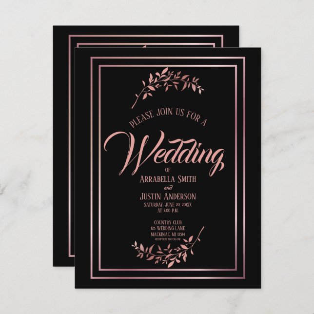 Black Floral Rose Gold Script Elegant Wedding Invitation (Front/Back)