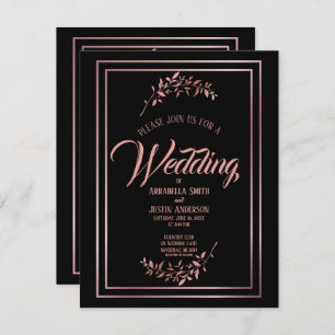 Black Floral Rose Gold Script Elegant Wedding Invitation