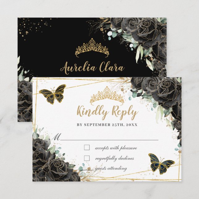 Black Floral Roses Gold Quinceañera Butterflies RSVP Card (Front/Back)