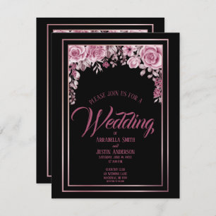 Black Floral Roses Gold Script Elegant Wedding Invitation