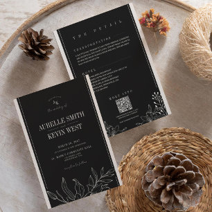 Black Floral Rustic Elegant Details QR Wedding  Invitation