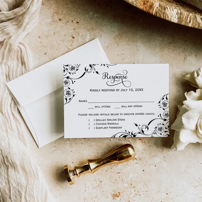 Black Floral Scroll Wedding Meal RSVP Card (Creator Uploaded)