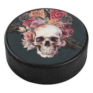 Black floral skull hockey puck