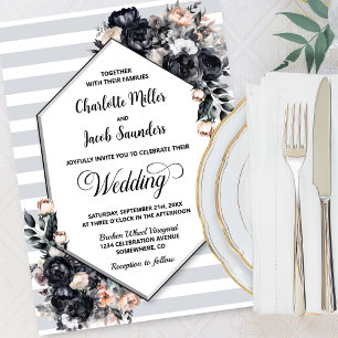 Black Floral Striped Wedding Invitation
