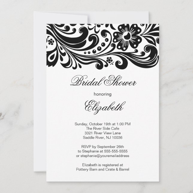 Black Floral Swirl Bridal Shower Invitation Formal (Front)