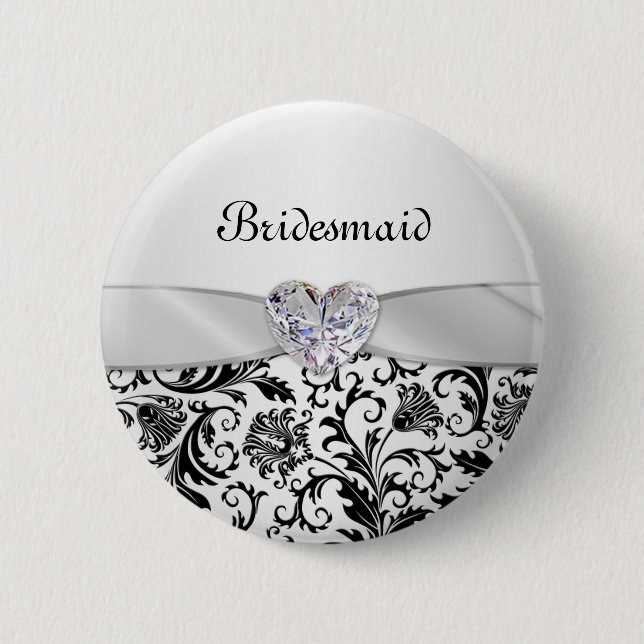 Black floral swirls damaskWedding Bridesmaid 2 Inch Round Button (Front)
