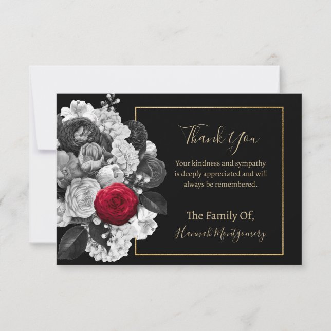 Black Floral Sympathy Note Card (red rose) (Front)