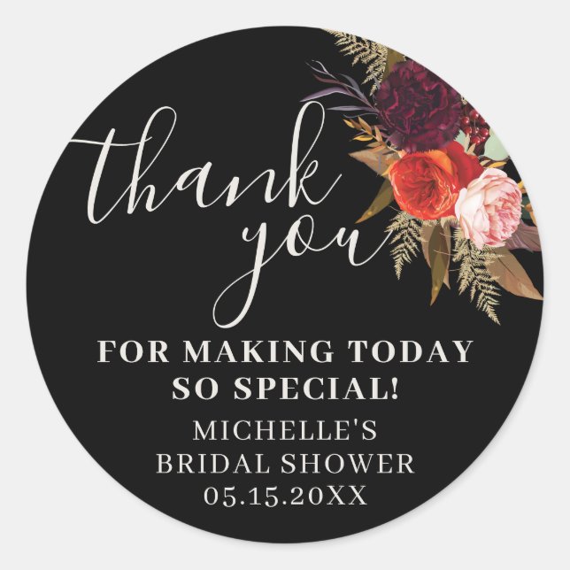 Black Floral Thank You Bridal Shower  Classic Round Sticker (Front)